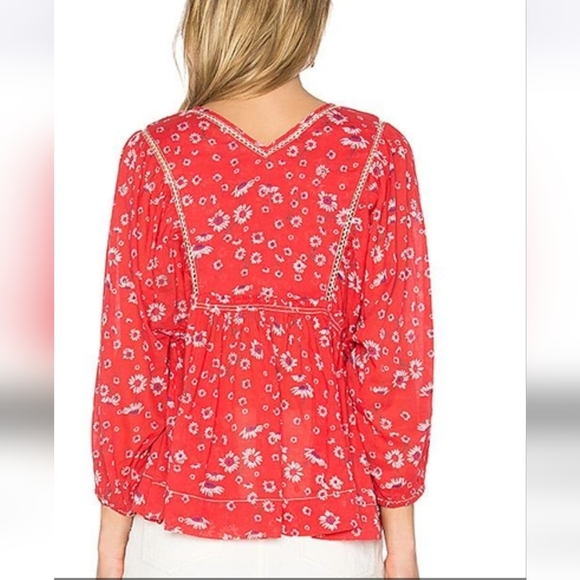 Free People Never A Dull Moment Blouse Red Floral Hi Low Hem Lace Cotton Sm NWT - Picture 3 of 16